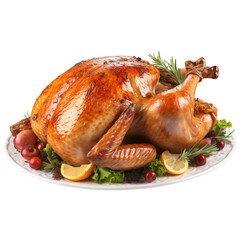 mouthwatering thanksgiving turkey dish on a plate garnished with lemon, Cherie tomato and herbs isolated