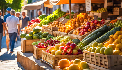 Fototapeta na wymiar Fresh vegetables at a street organic food market. farm shop fruits, vegetables on the street on a sunny day,