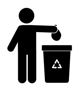 stick figure vector illustration, flat character throwing away trash, trash can, cleanliness, recycling rubbish