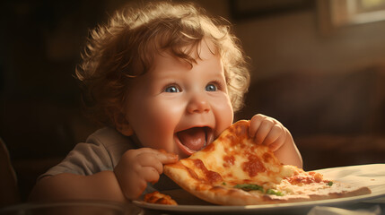 Beautiful cute baby eating slice of italian pizza