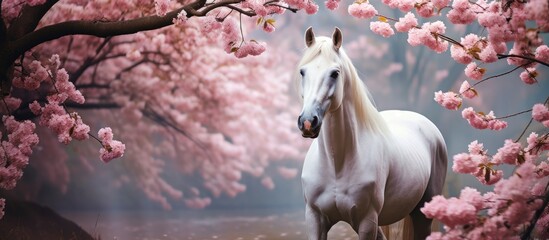 In the lush green forest, a magnificent white horse grazed peacefully amidst a garden of vibrant pink flowers, their colorful petals swaying in the gentle breeze, creating a beautiful floral banner in
