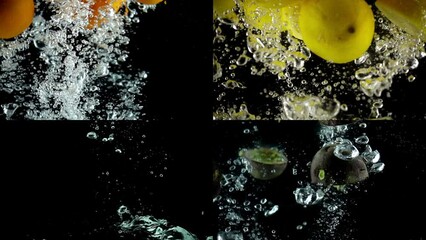 Ultra slow motion shot of oranges, lemons, strawberries and passion fruits emerging from water against a black background - Powered by Adobe