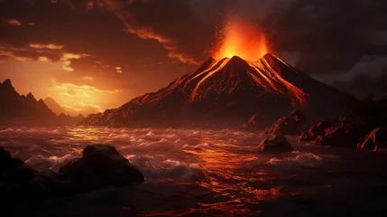 Zelfklevend Fotobehang Lava landscape with volcano, AI Generative. © Miry Haval