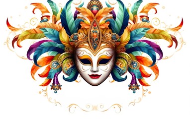 Happy Mardi Gras poster. A banner template with a Venetian masquerade mask and gold patterns isolated on white background. Costume party style face covering for carnivals. AI Generative