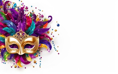 Happy Mardi Gras poster. Costume party banner template with a Venetian masquerade mask close up...