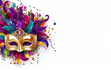 Gordijnen Happy Mardi Gras poster. Costume party banner template with a Venetian masquerade mask close up isolated on white background, copy space at the right. Face covering for carnivals. AI Generative © your_inspiration