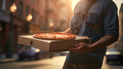 Italian pizza box in the hands of the beautiful delivery boy in street