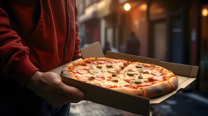 Pizza box in the hands of the delivery man in the street