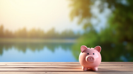 Pink piggy bank background with coins on wooden table with green nature blurred background....