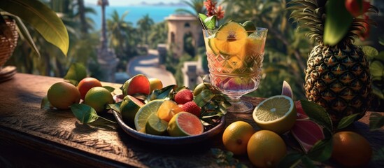 Obraz na płótnie Canvas In the backdrop of a picturesque summer scene in Italy, a white table is adorned with tropical fruits, including a succulent lemon, while ice glistens in a glass of refreshing cocktail, made from