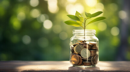Background of small plants growing on glass jar filled with coins on wooden table with green nature...