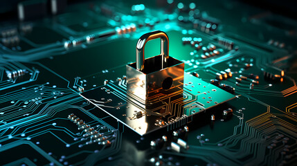 Fototapeta na wymiar Padlock on top of computer circuit board poster web page PPT background, digital technology background