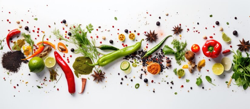 background, a secluded white space is adorned with vibrant pops of green, red, and colorful spices, showcasing a healthy array of vegetables and plant-based ingredients.