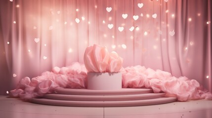 Fototapeta na wymiar Podium enveloped in soft pink spotlights in a Valentines Day ambiance AI generated illustration