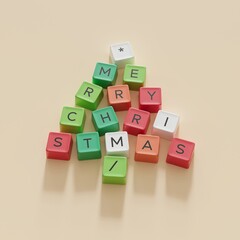 Christmas Tree Symbol made by colorful Computer keys cap on beige color background. Minimal Christmas idea concept flat lay. 3D Rendering - 680346713