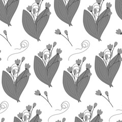 Seamless pattern of abstract bouquets of flowering twigs, spathiphyllum leaves and curled branch