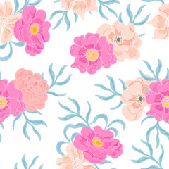 Pink and Vintage Rose and Anemone Flower Seamless Pattern