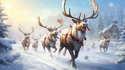 Rednosed reindeers playing in a snowy Christmas scenery   AI generated illustration - obrazy, fototapety, plakaty