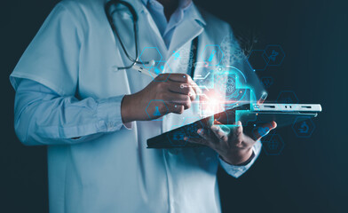 Medical technology, doctor use AI robots for diagnosis, care, and increasing accuracy patient...