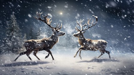Rednosed reindeers playing in a snowy Christmas scenery  AI generated illustration