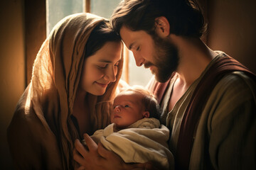 Christmas nativity portrait of Mary and Joseph with the baby Jesus in their arms - obrazy, fototapety, plakaty
