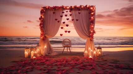 Romantic sunset backdrop on a beach with a podium set for a Valentines Day event   AI generated illustration - obrazy, fototapety, plakaty