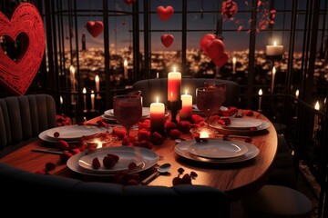 Romantic Valentines day dinner in  perspective   AI generated illustration - obrazy, fototapety, plakaty