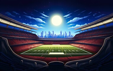 Super bowl graphic poster. American football stadium background for sport event banner full of people at night with city skyline at the background. Rugby championship competition banner. AI Generative - obrazy, fototapety, plakaty
