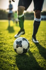 Fototapeta premium Soccer player with ball on grass field close up AI generated illustration