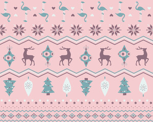 Seamless Christmas Pattern with Reindeer, Hearts, Christmas Trees and Snowflakes