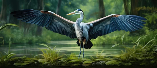 Foto op Plexiglas In the lush tropical forest, amidst the swaying grass and vibrant greenery, a majestic great blue heron soared gracefully, its magnificent wings and striking blue feathers a sight to behold for anyone © AkuAku
