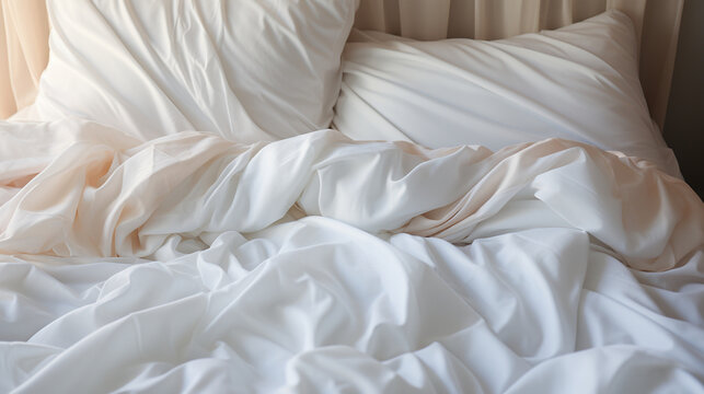 white folded duvet lying on the bed on the morning time 