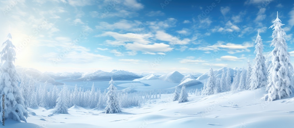 Poster background of a winter landscape, adorned with snowy forests and mountains, the sun shines brightly 