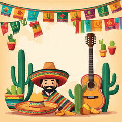 Naklejka premium Mexican fiesta party banner with poncho sombrero tequila cactuses and mariachi guitar 