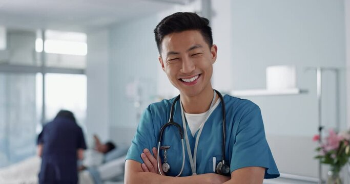 Healthcare, doctor and asian man with arms crossed at hospital with smile for support, service and wellness. Medicine, professional and expert with happiness and pride for career, surgery or care