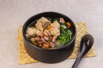 Sop Senerek or Red Kidney Bean Soup is  Clear Soup with Red Kidney Bean, Beef and Spinach from Magelang, Indonesia.