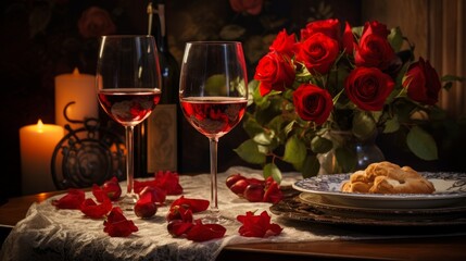 Naklejka na ściany i meble Wine glasses and roses on a table for two AI generated illustration