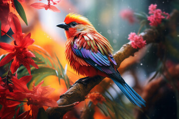 Vivid Bird Resting on Tree Branch