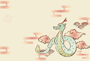 辰年の年賀状　辰と雲　横