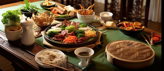At the Chinese holiday celebration, a variety of healthy dishes were served on bamboo plates,...