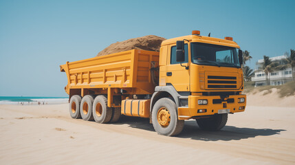 Sand-filled dump truck in coastal setting