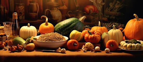 In an autumn-themed restaurant, the flat background of vibrant orange colors adorned the table with...