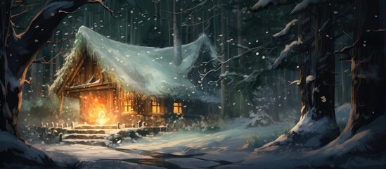 In the depths of the winter forest, an abstract texture of nature unfolds its magic as the wooden tree branches sway above the cozy home, warmed by a crackling fire while the vibrant garden bursts