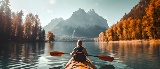 Woman kayaking in lake with beautiful landscape. - obrazy, fototapety, plakaty