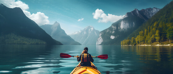 Woman kayaking in lake with beautiful landscape. - obrazy, fototapety, plakaty