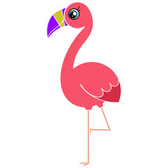 Kawaii bright pink red colored flamingo with purple and sand hue beak