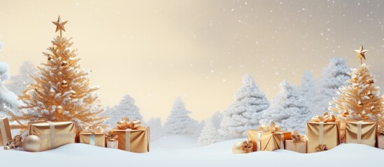 background of a cozy Christmas scene, a golden wood tree stands tall against the winter snow, creating a magical space for gifts wrapped in white and retro boxes, adding a touch of celebration to the