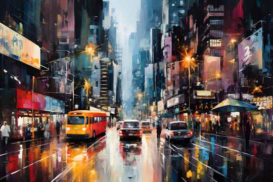 Abstract painting of a busy city street
