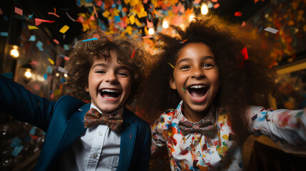 Children celebrating at a New Year’s Eve Party - confetti - formal dress - happy joy - party - dance - dancing - celebration - ball 