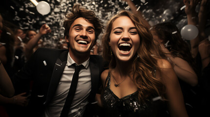 Couple celebrating at a New Year’s Eve Party - confetti - formal dress - happy joy - party - dance - dancing - celebration - ball 
